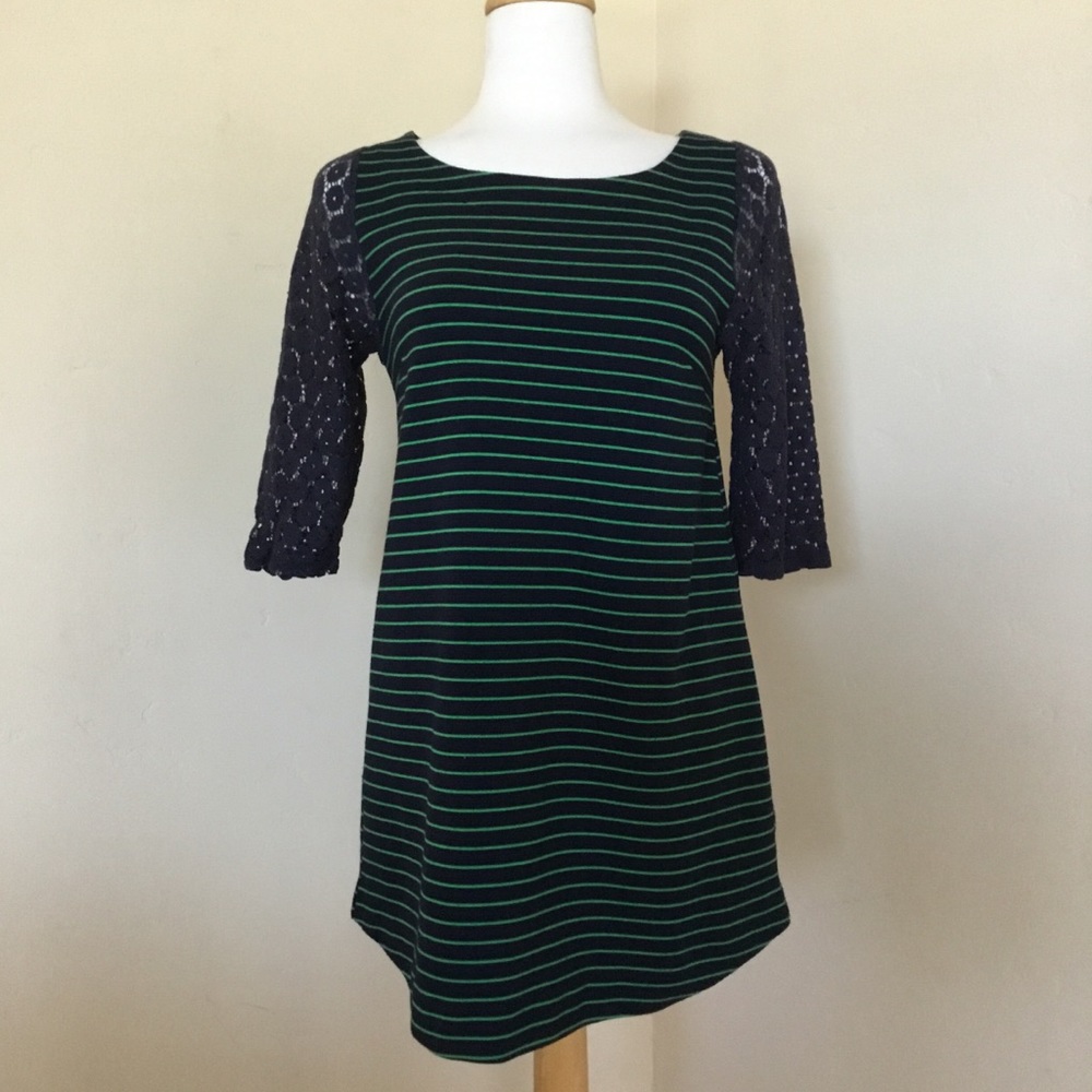 Postage Stamp Shirt Navy Blue and Green Stripes Size S